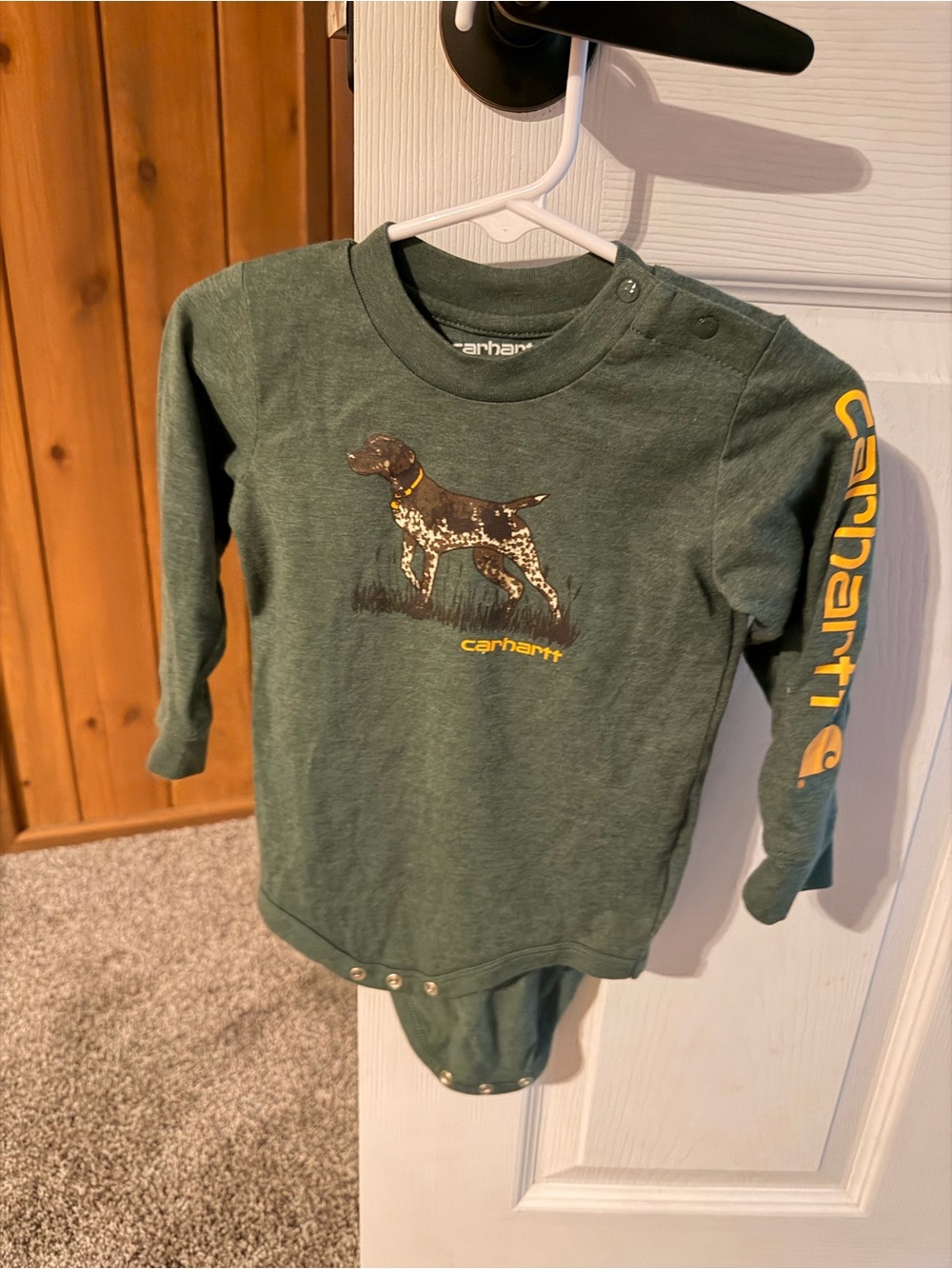Carhartt Green Long-Sleeve Baby Bodysuit with Dog Graphic